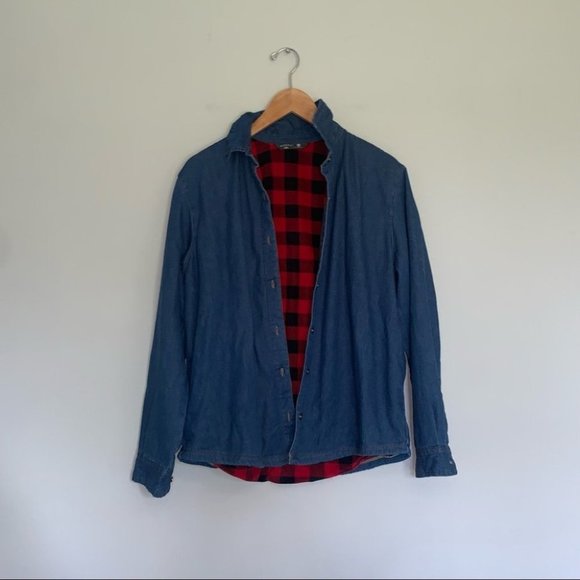 Riders by Lee Plaid-Lined Denim Button-Down Long Sleeve Shirt Jacket Size Medium - Picture 2 of 11